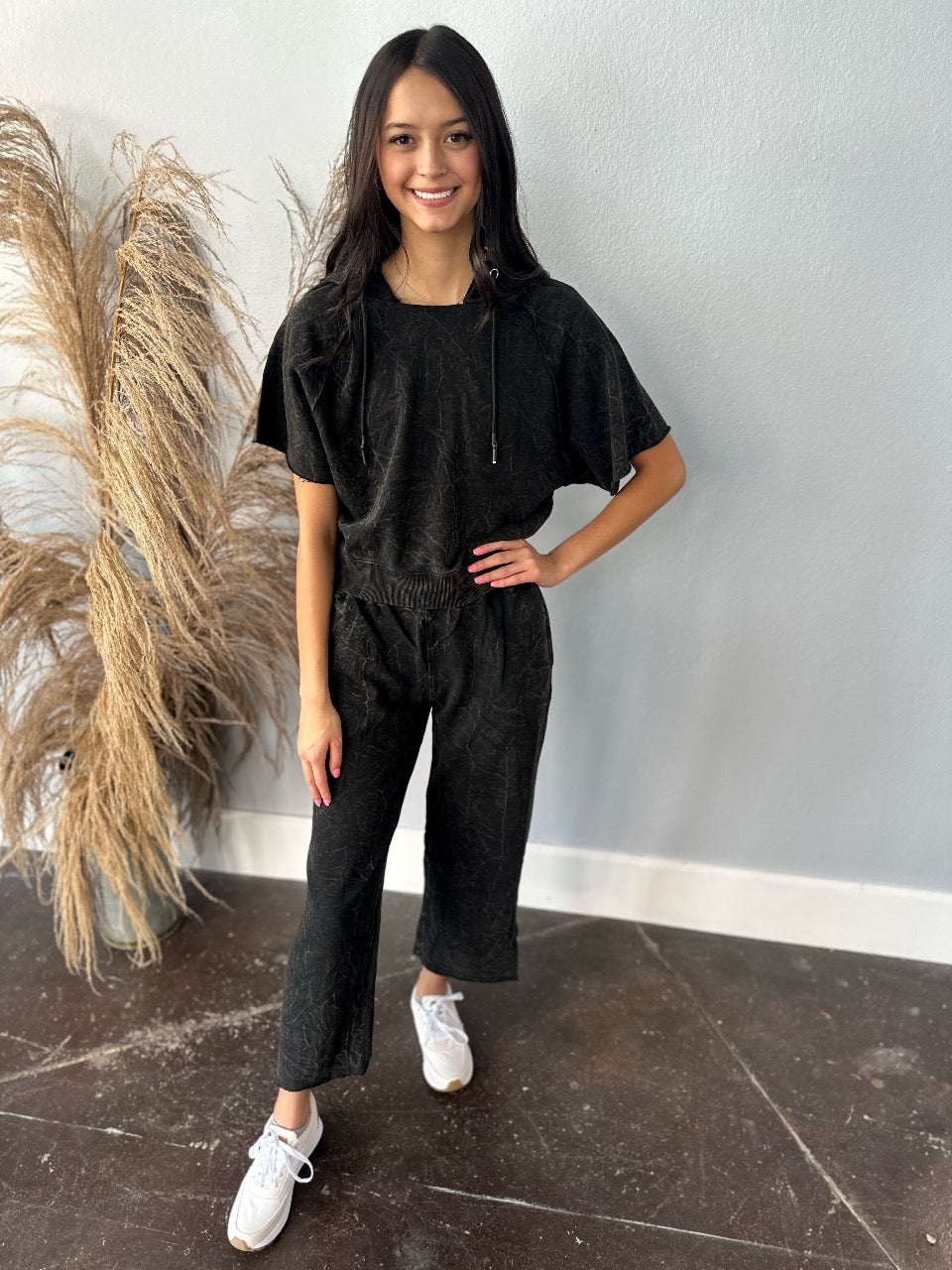 BLACK ACID WASH LOUNGE SET