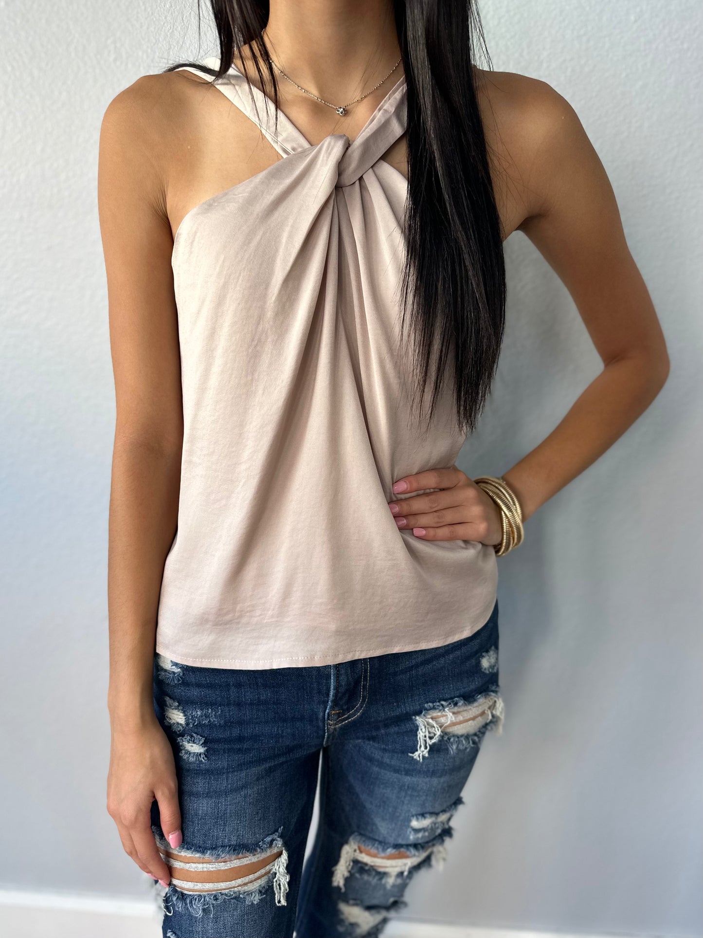 BEIGE SATIN HALTER TOP