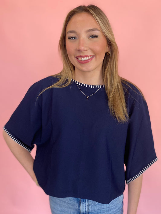 NAVY WHITE KNIT TOP