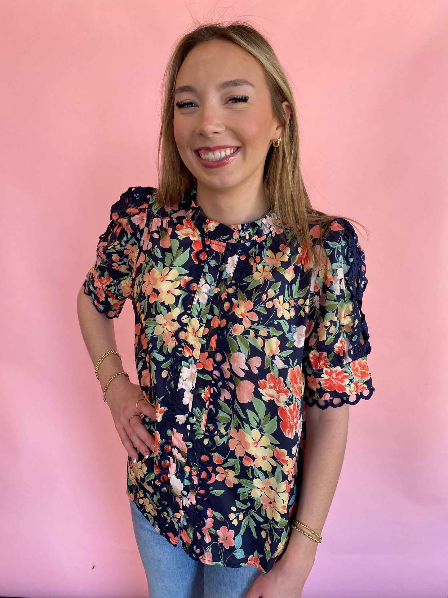 NAVY LACE FLORAL DETAIL TOP
