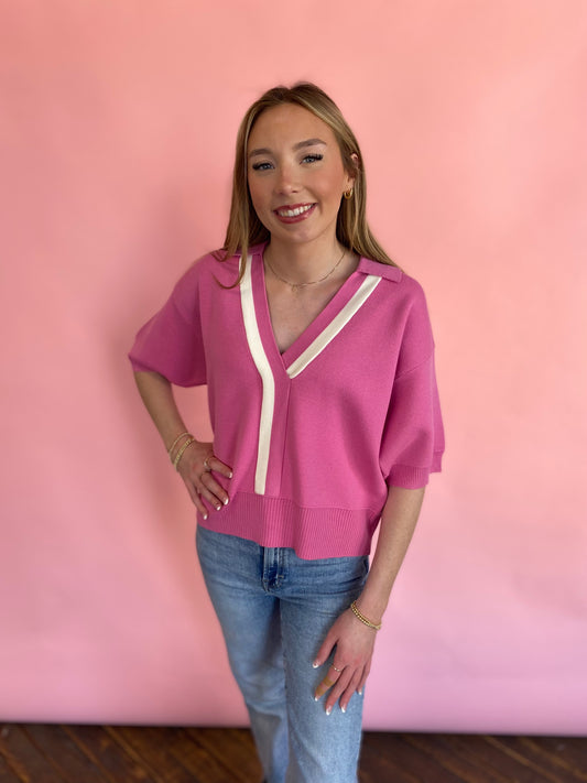 PINK/WHITE WIDE SLEEVE SWEATER TOP