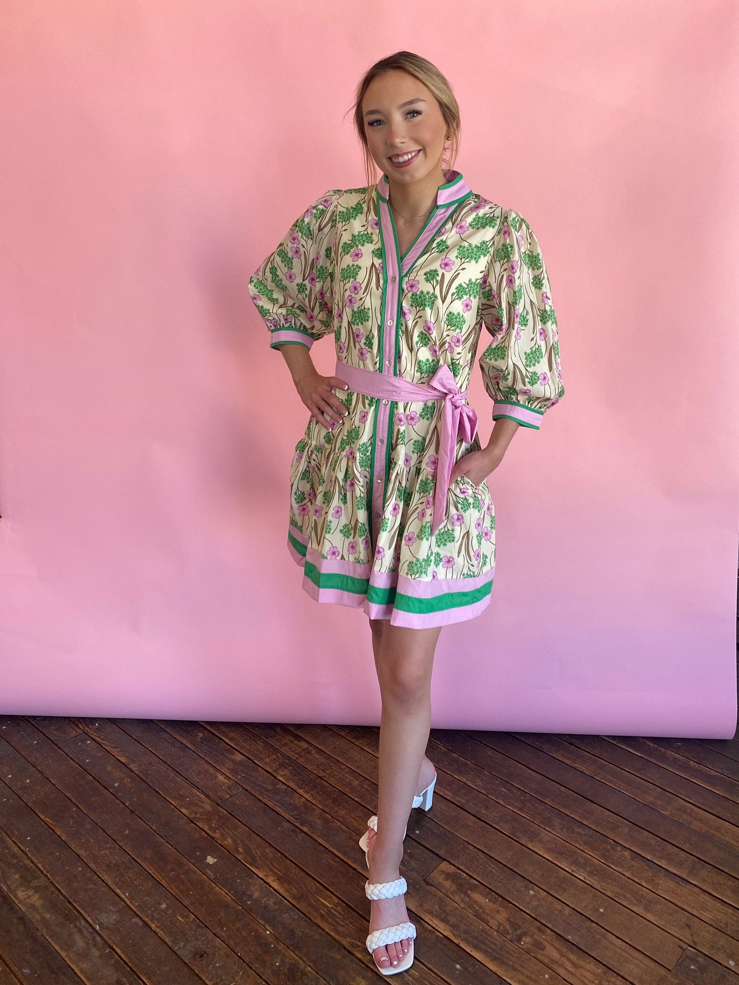 LT PINK/GREEN PUFF SLEEVE DRESS