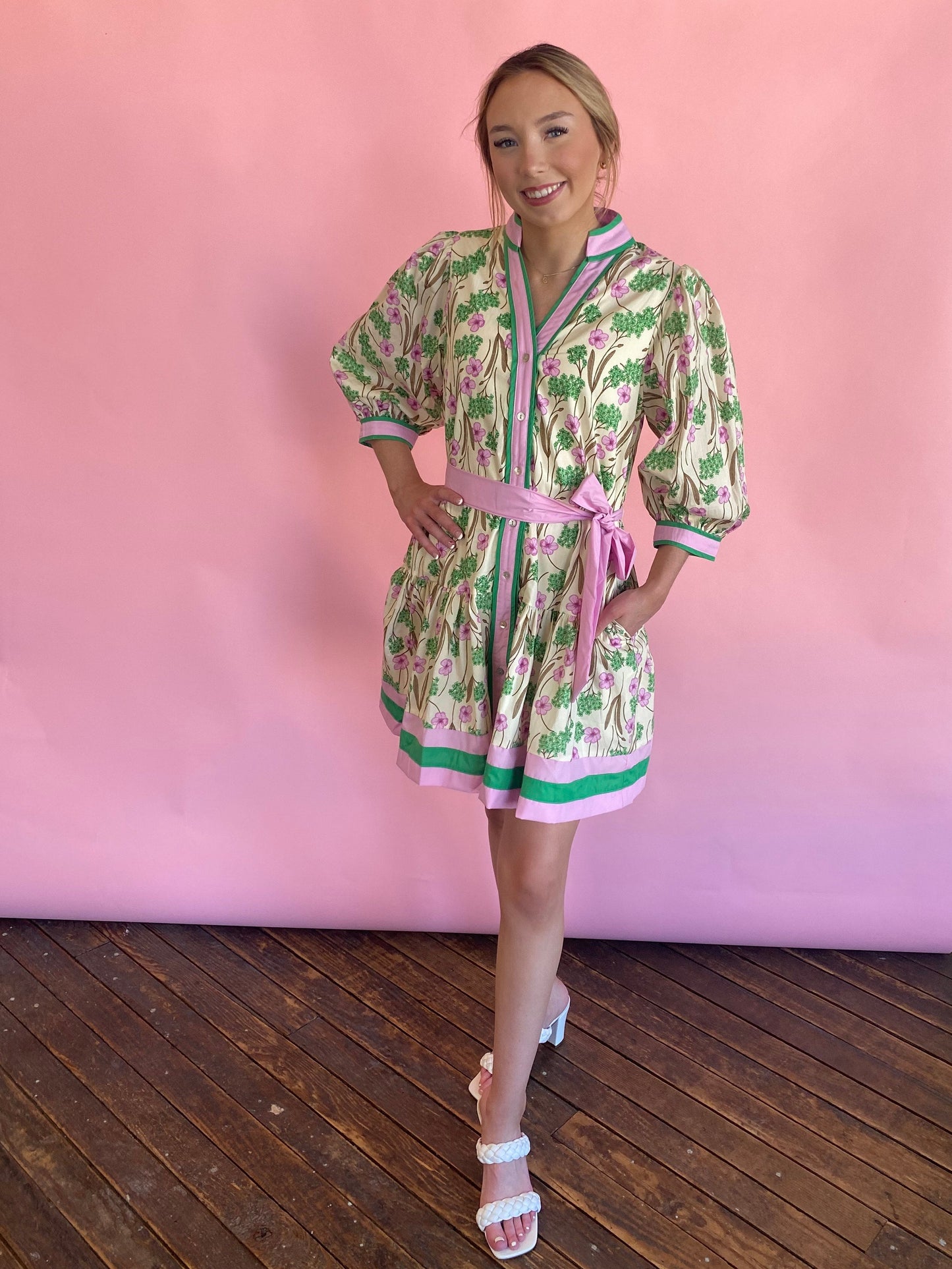 LT PINK/GREEN PUFF SLEEVE DRESS