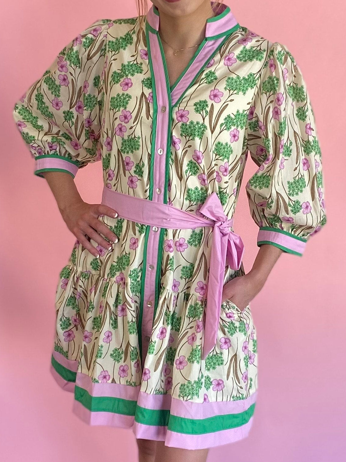 LT PINK/GREEN PUFF SLEEVE DRESS