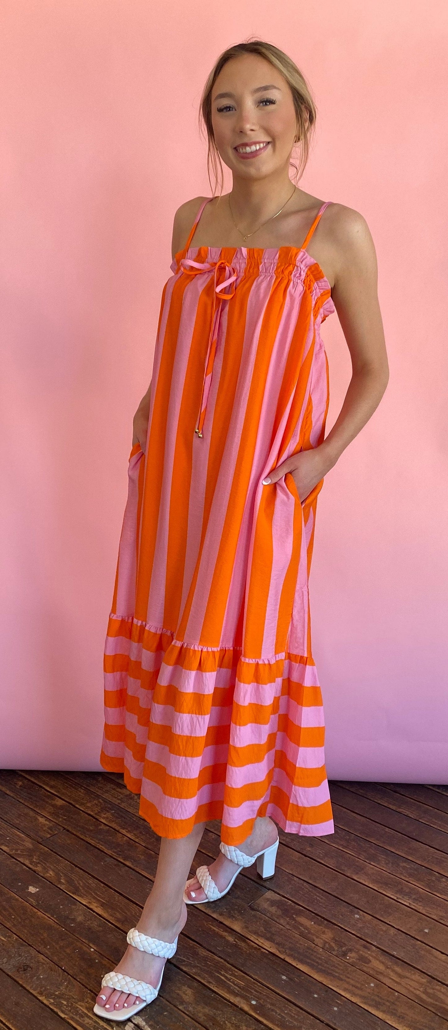 PINK ORANGE SPAGHETTI STRAP DRESS