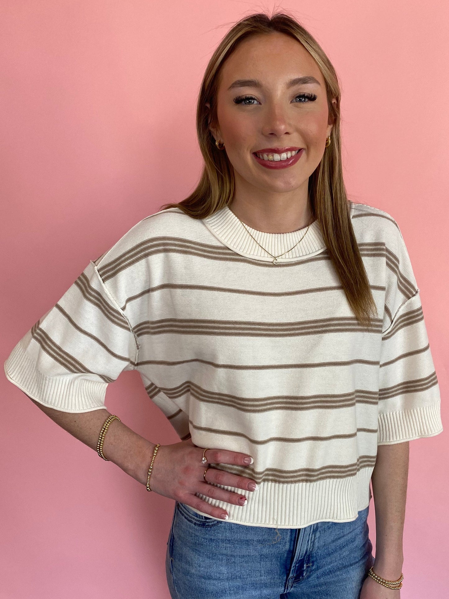TAUPE STRIPE SWEATER TOP