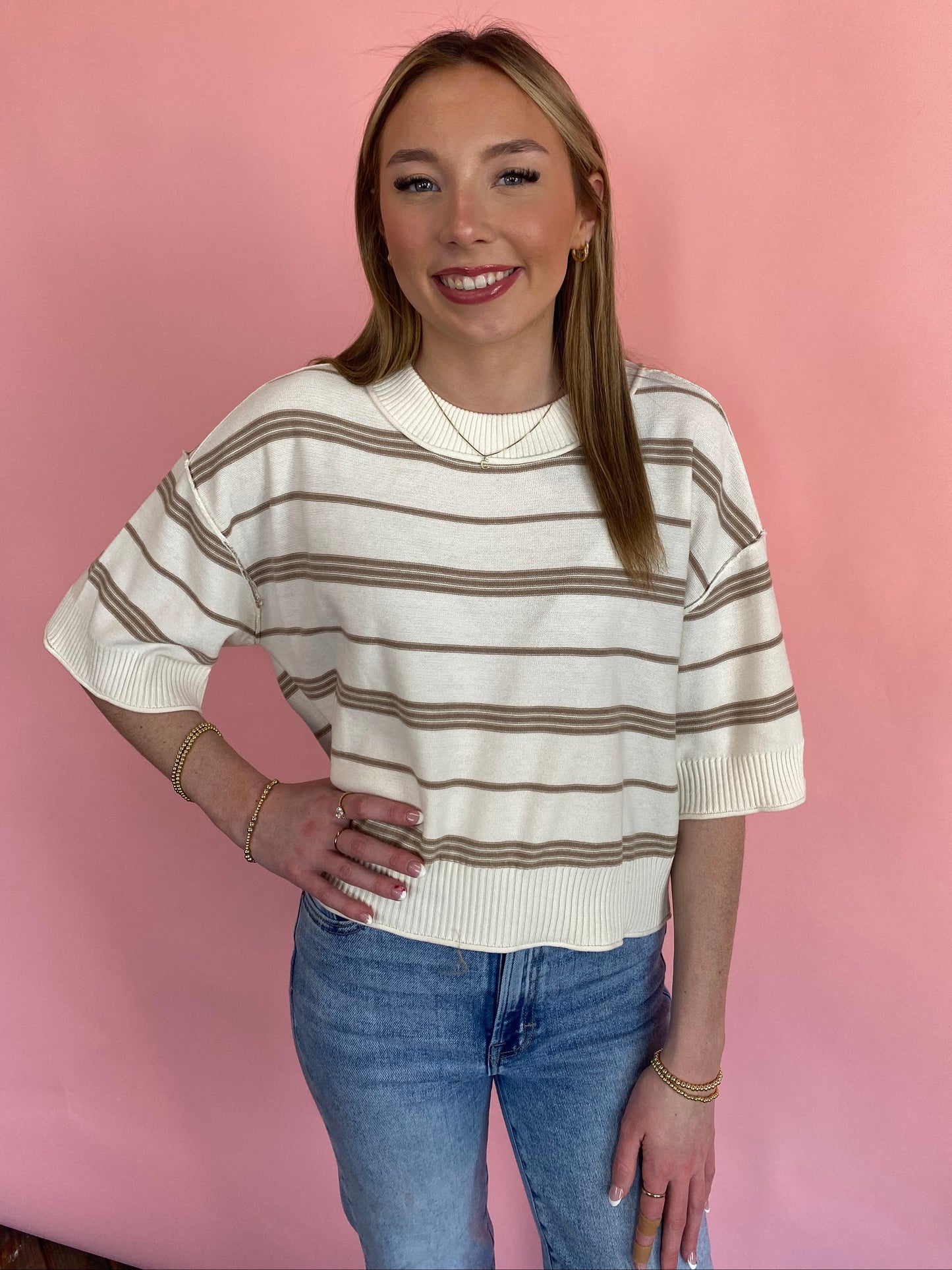 TAUPE STRIPE SWEATER TOP