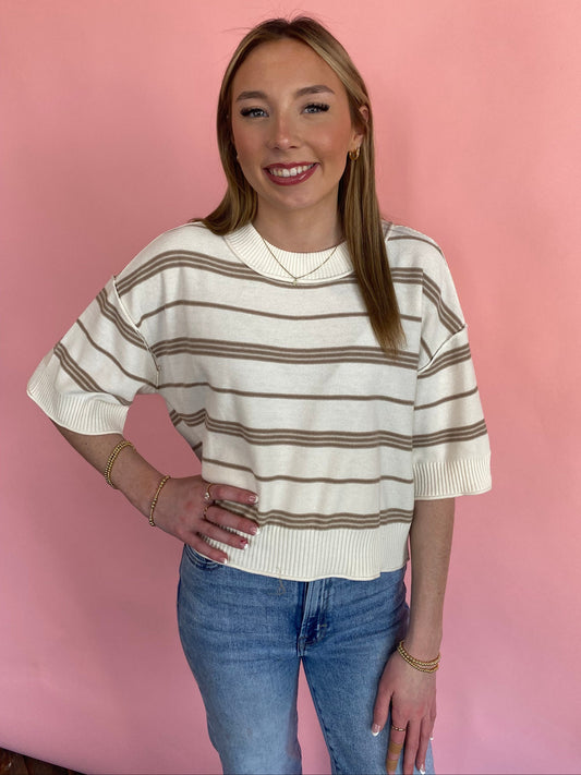TAUPE STRIPE SWEATER TOP