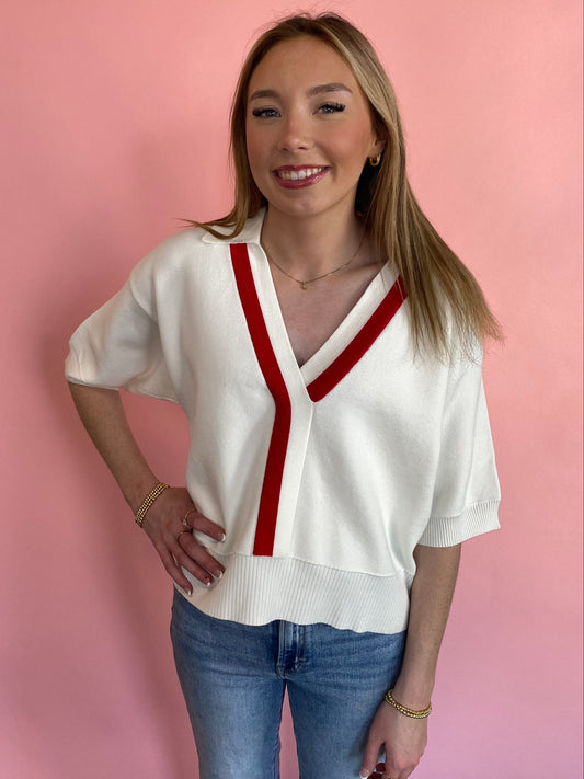 WHITE/RED WIDE SLEEVE SWEATER TOP
