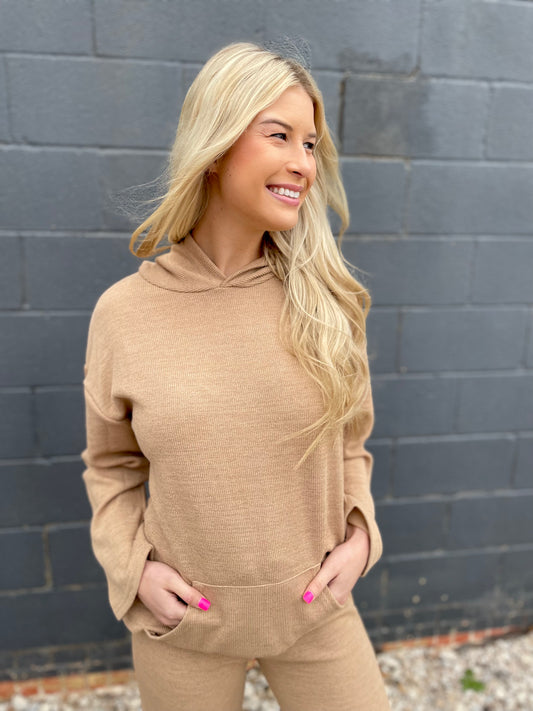 TAN RIBBED HOODED LOUNGE SET
