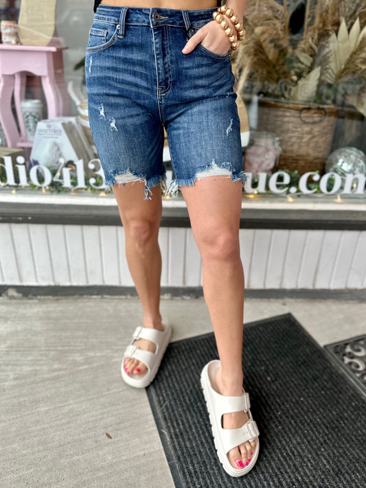 DENIM DISTRESSED BERMUDA SHORTS