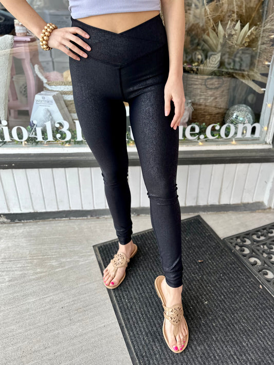 BLACK FOIL CROSSOVER LEGGINGS